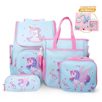 Mochila Kawaii 4 Piezas Diseño Unicornio CL KW4 con Ganchitos S47 de Regalo